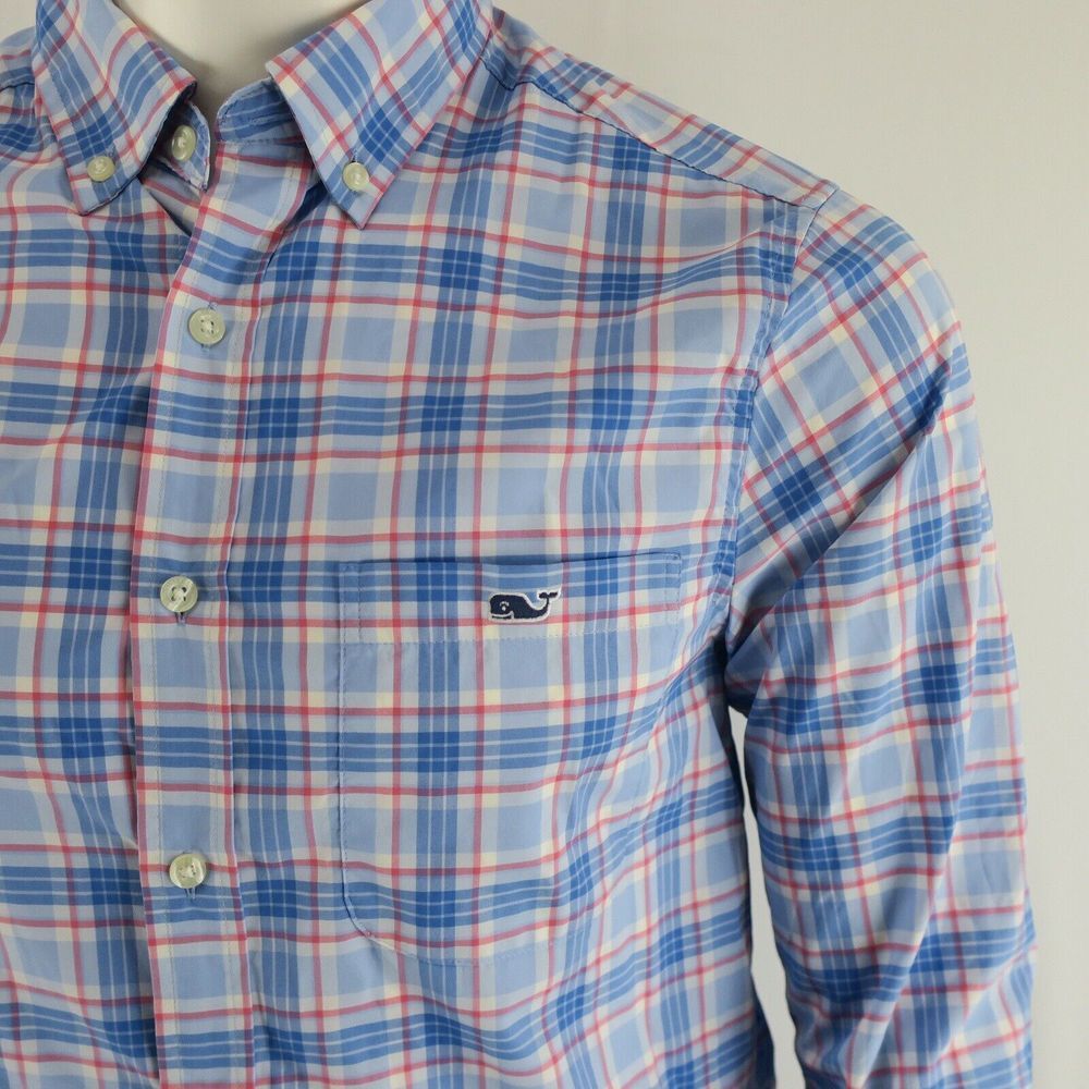 Vineyard Vines On the Go Performance Long Sleeve Button Up Shirt Mens S Blue Red - Picture 2 of 7